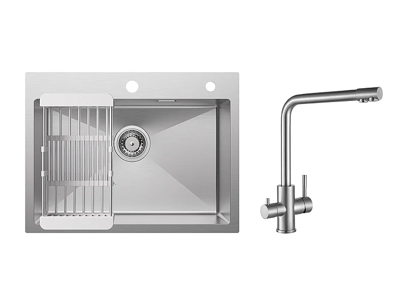 Évier Cuisine 1 Bac 60×45×18CM Évier Inox Brossé avec Panier de Drainage + Mitigeur Cuisine pour Sstème D'osmose