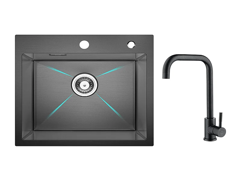 Cecipa MAX Évier Cuisine 1 Bac 50×45×18.5CM Évier Inox Noir + Mitigeur de Cuisine en Inox Noir étoilé avec Bec Haut et Incurvé