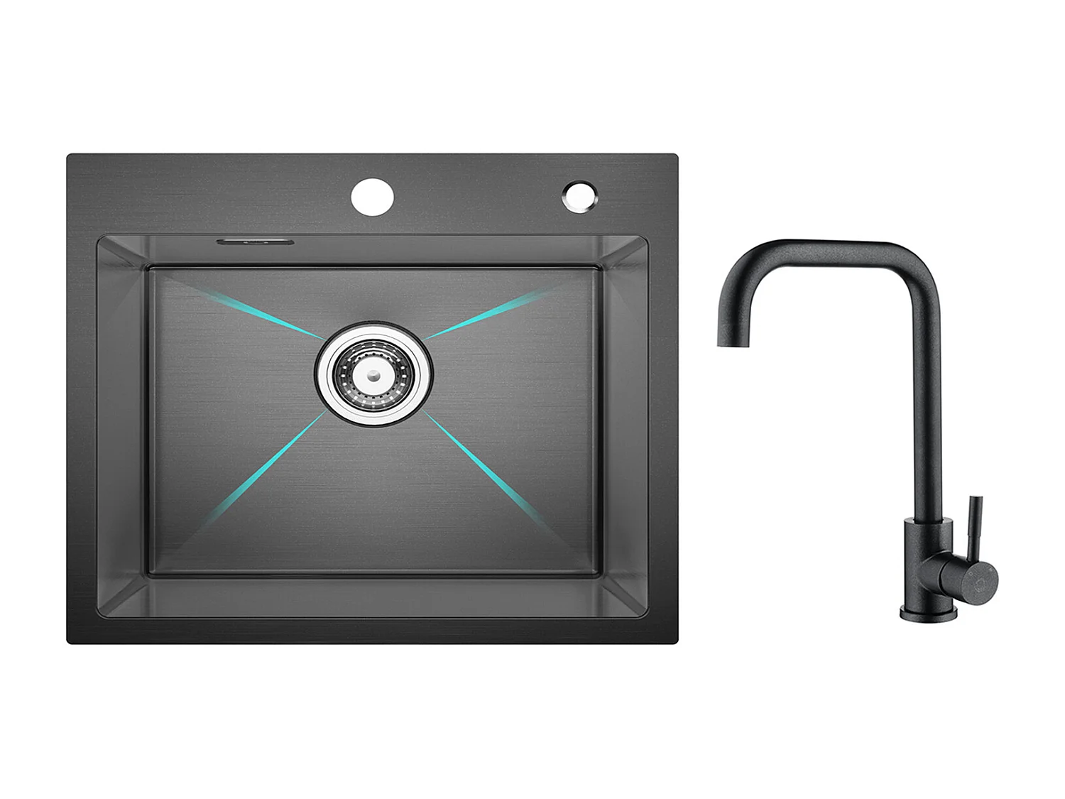 Cecipa MAX Évier Cuisine 1 Bac 50×45×18.5CM Évier Inox Noir + Mitigeur de Cuisine en Inox Noir étoilé avec Bec Haut et Incurvé