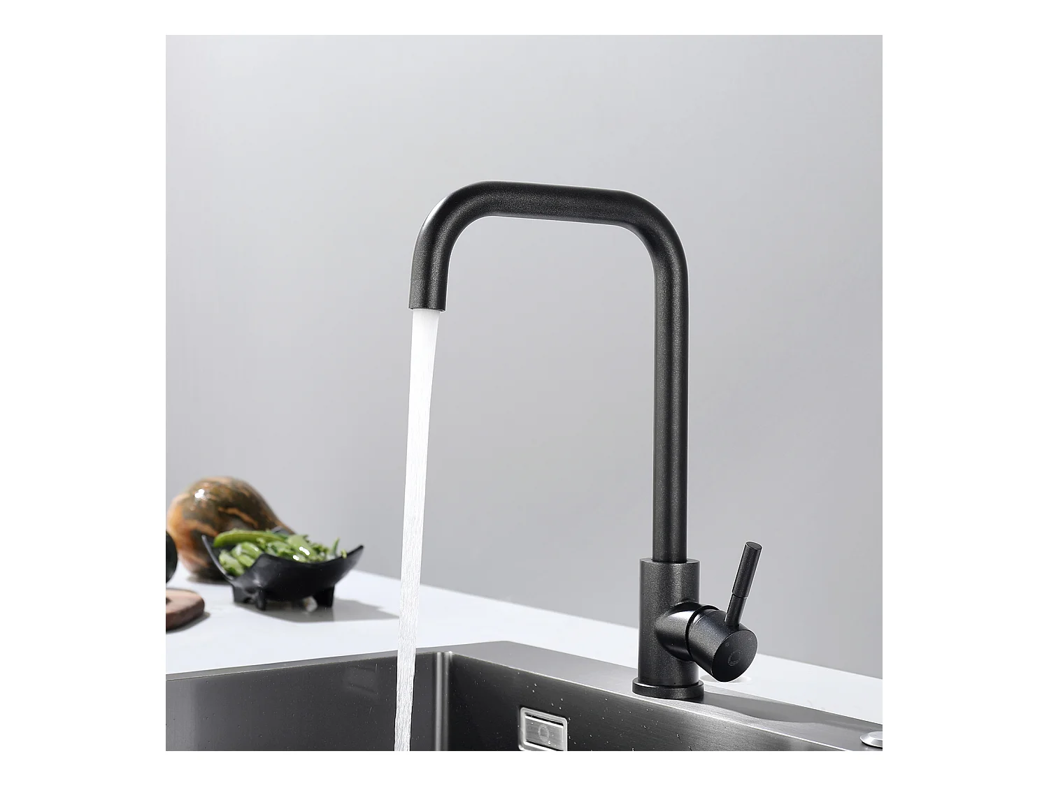 Cecipa MAX Einzelbecken-Küchenspüle 50×45×18,5 cm, schwarze Edelstahlspüle + sternenschwarze Küchenmischbatterie aus Edelstahl mit hohem, gebogenem Auslauf
