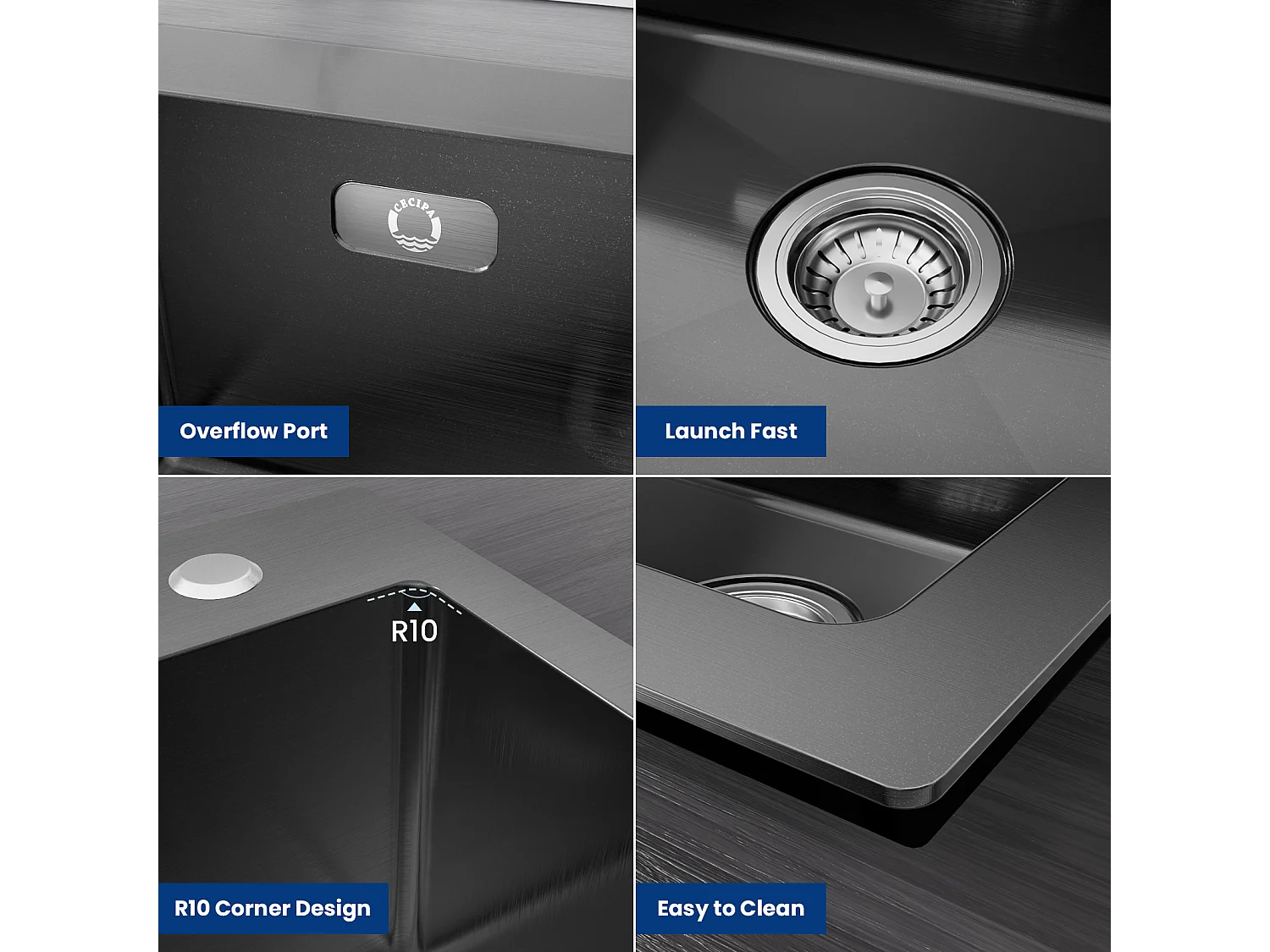 Lavello Cucina Cecipa MAX 1 Vasca 50×45×18,5CM Lavello Acciaio Inox Nero + Miscelatore Cucina Acciaio Inox Nero Stellato con Bocca Alta e Curva