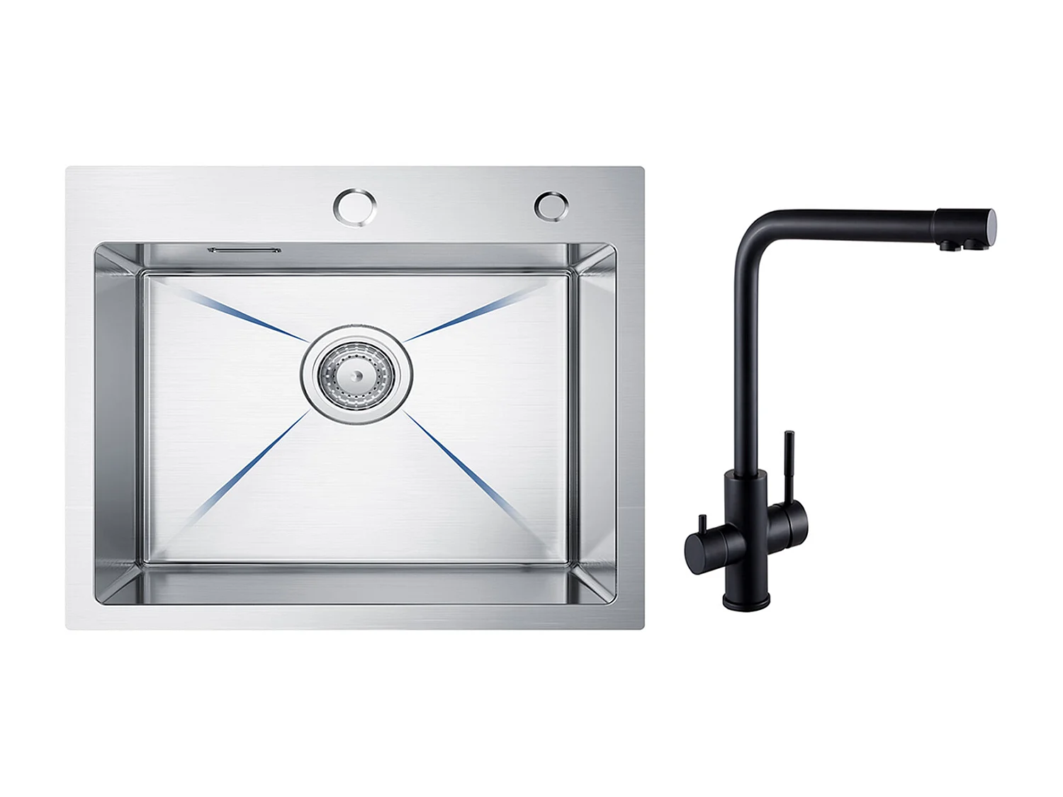 CECIPA MAX Évier Cuisine 1 Bac 50×45×18.5CM Évier Inox Brossé + Mitigeur Evier à 3 Voies, 2 Leviers, Noir