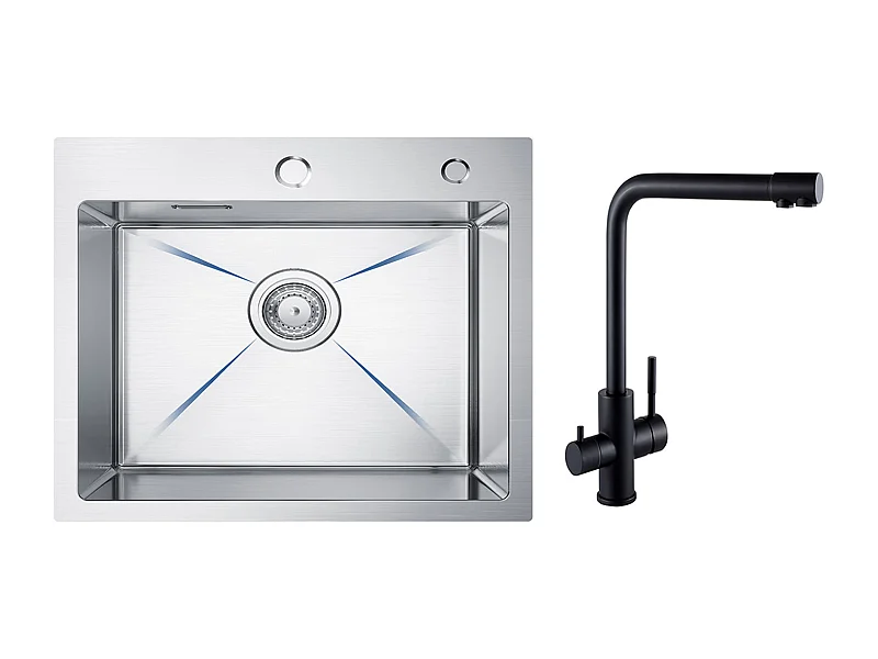 CECIPA MAX Einzelbecken-Küchenspüle 50×45×18,5 cm, Spüle aus gebürstetem Edelstahl + 3-Wege-Spültischmischbatterie, 2 Hebel, schwarz