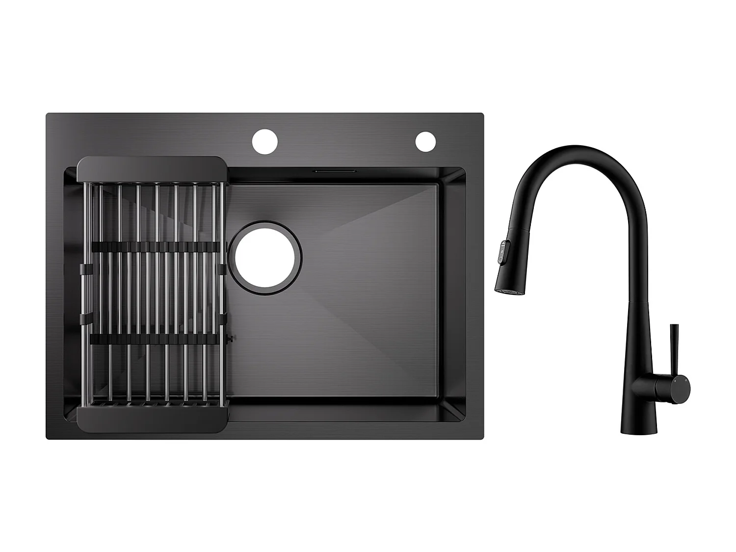 Lavello Cucina Cecipa max Acciaio Inox 60×45 cm, Lavello 1 Vasca con Cestello di Scarico + Miscelatore con Doccetta Estraibile, 3 Modalità di Scarico Acqua, Nero