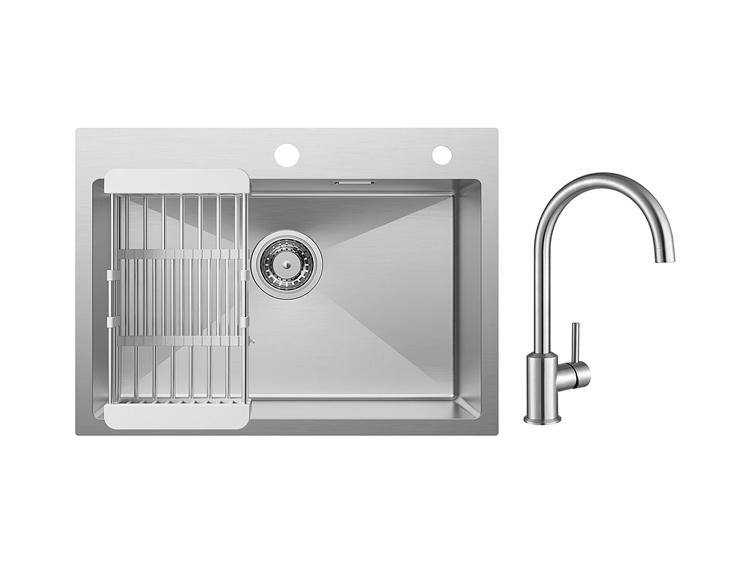 Évier Cuisine 1 Bac 60×45×18CM Évier Inox Brossé avec Panier de Drainage + Mitigeur de Cuisine en Inox Brossé