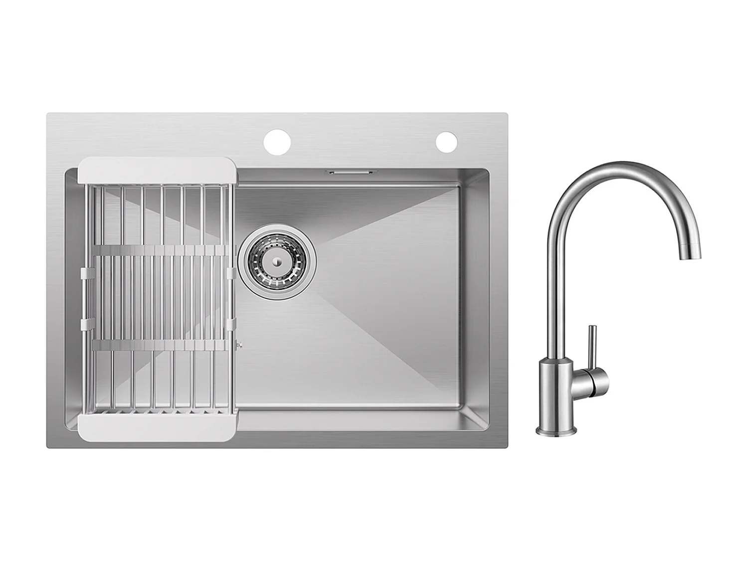 Évier Cuisine 1 Bac 60×45×18CM Évier Inox Brossé avec Panier de Drainage + Mitigeur de Cuisine en Inox Brossé