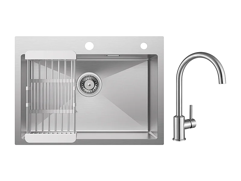 Évier Cuisine 1 Bac 60×45×18CM Évier Inox Brossé avec Panier de Drainage + Mitigeur de Cuisine en Inox Brossé