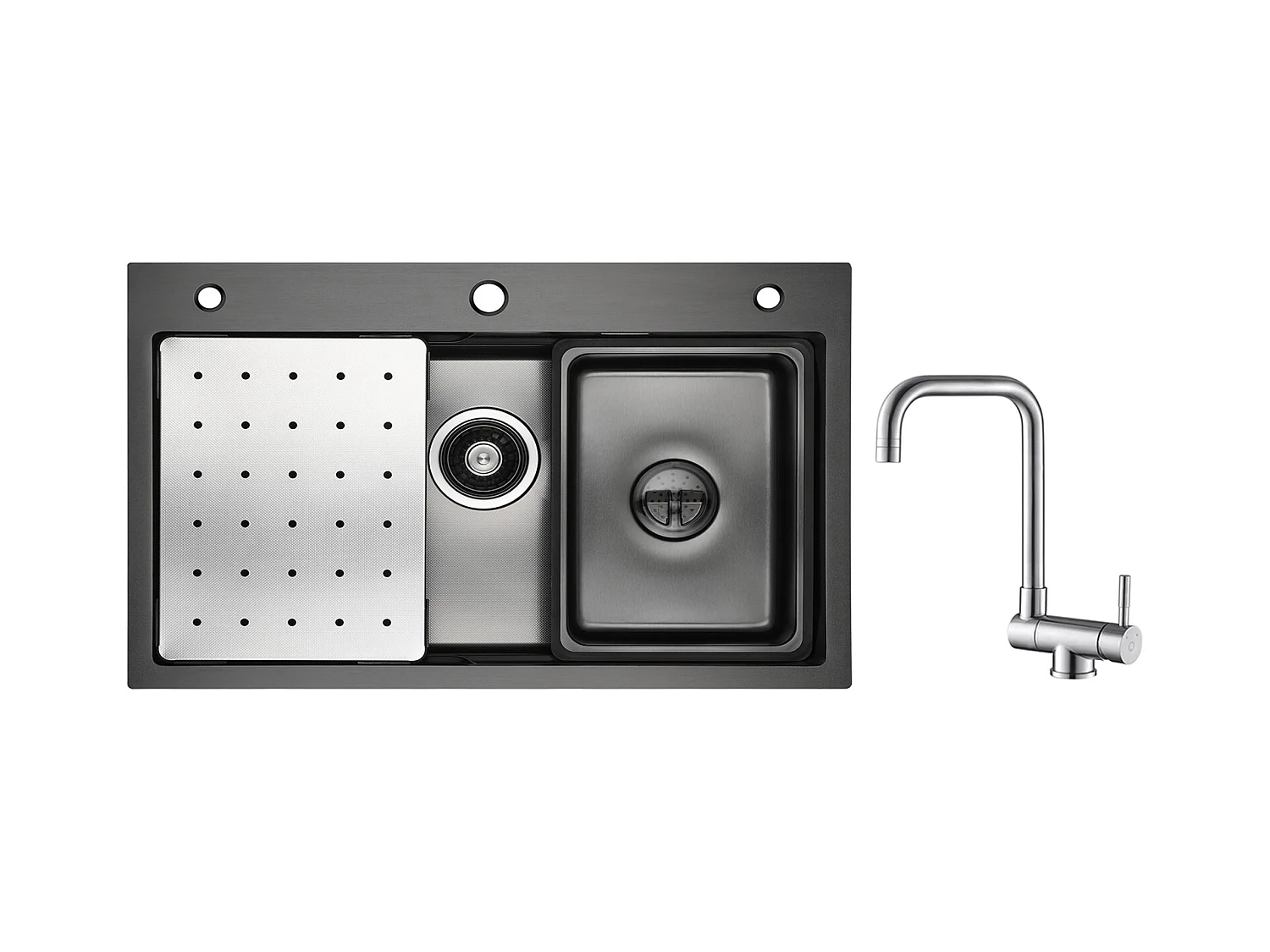 Cecipa max 1 Lavabo Lavabo 70×45 CM Negro con Escurridor, Lavabo y Dispensador de Jabón + Grifo de Cocina Abatible Mezclador de Fregadero Abatible Cepillado