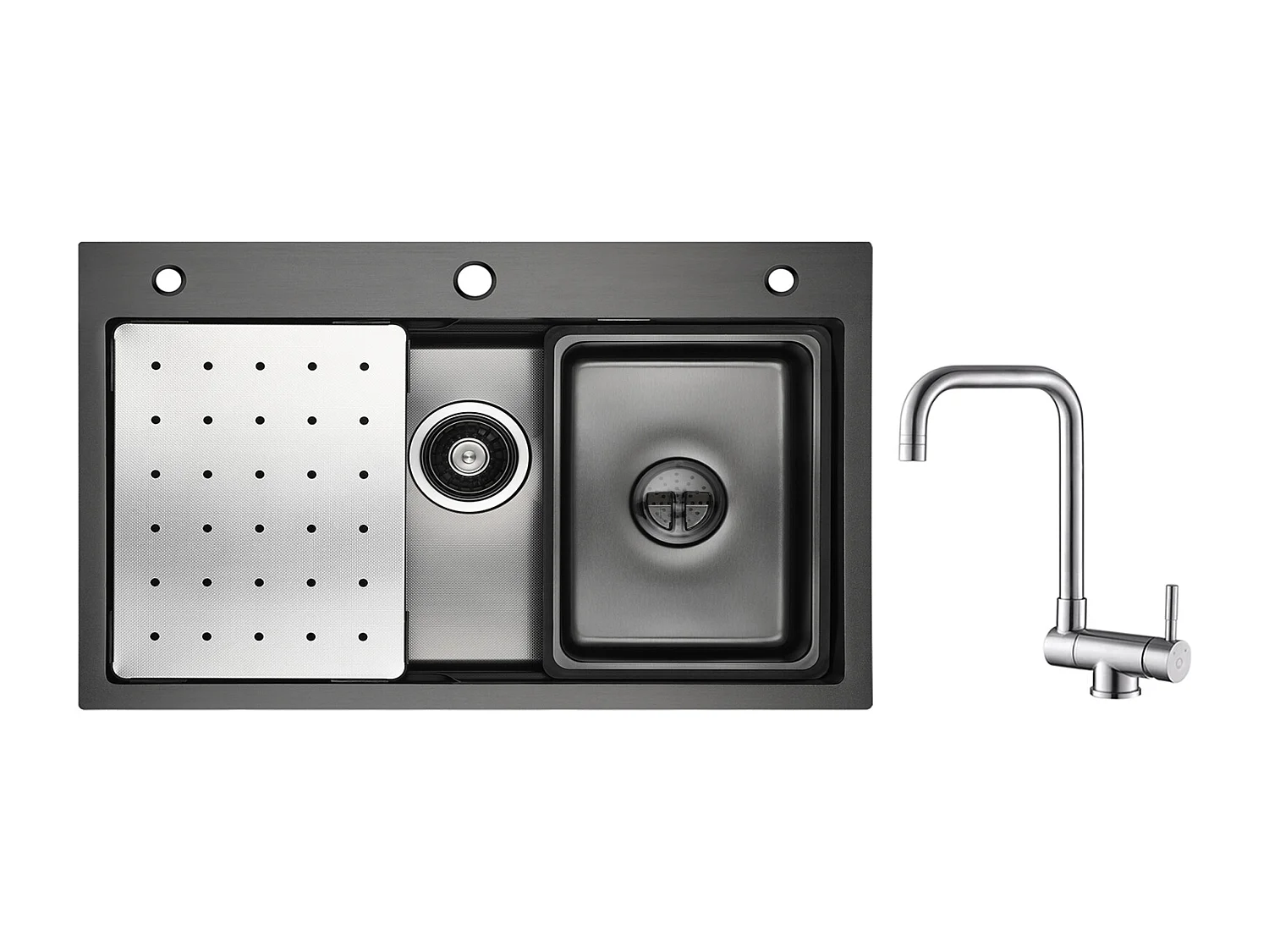 Cecipa max 1 Wastafel 70×45 CM Zwart met Afdruiprek, Wastafel en Zeepdispenser + Opvouwbare Keukenkraan Geborsteld Opvouwbare Spoelbakmengkraan