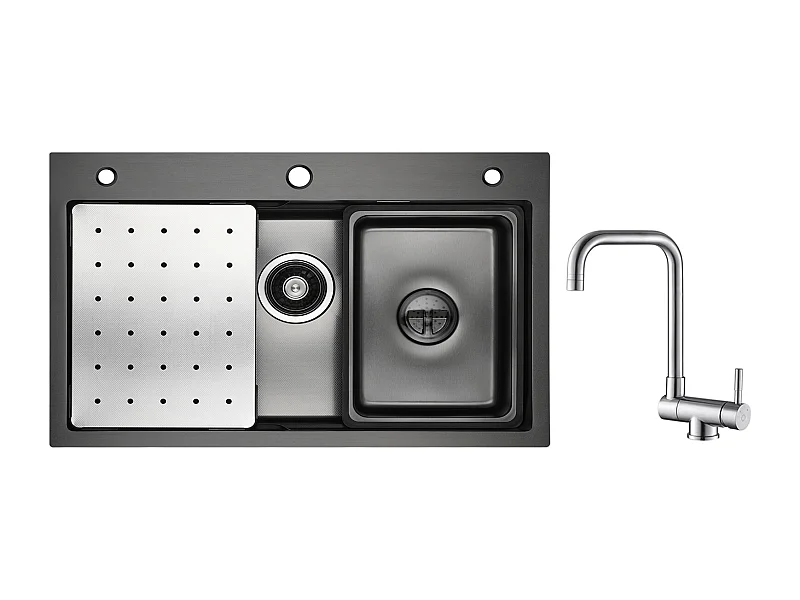 Cecipa max 1 Wastafel 70×45 CM Zwart met Afdruiprek, Wastafel en Zeepdispenser + Opvouwbare Keukenkraan Geborsteld Opvouwbare Spoelbakmengkraan