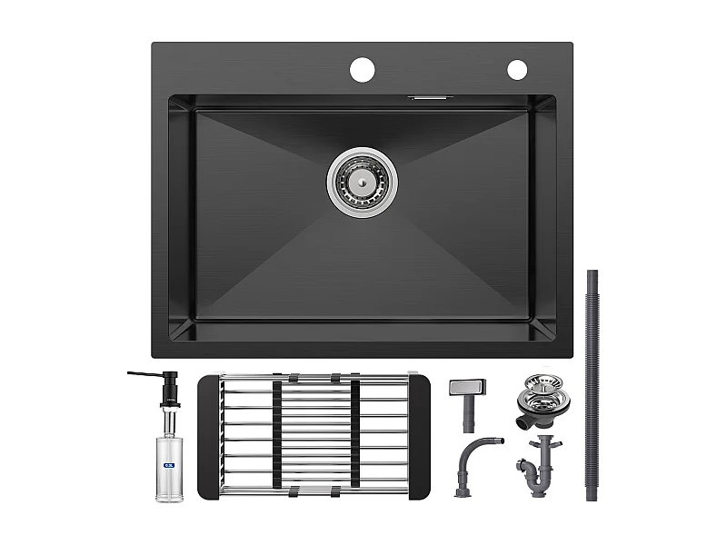 Cecipa max Évier 1 Bac Inox avec Panier de Drainage - Évier de Cuisine Noir 60×45cm + Noir Distributeur de Savon de Cuisine avec Récipient de 300ML