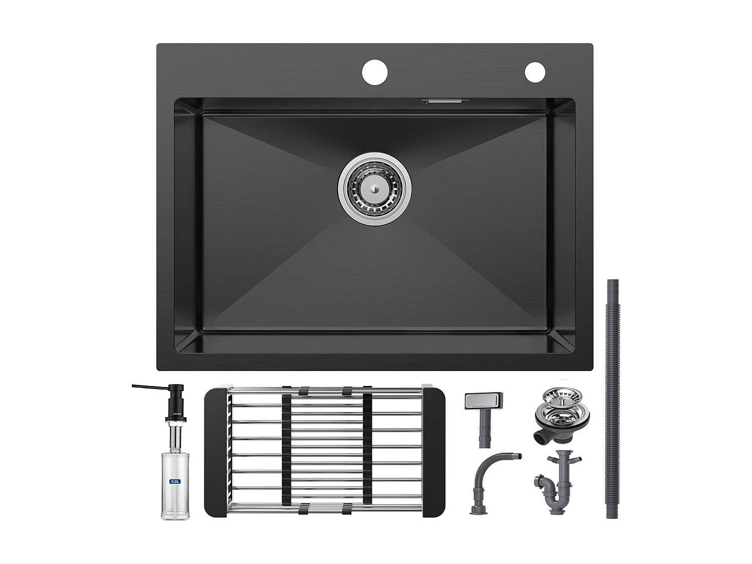 Cecipa Lavello Max 1 Vasca in Acciaio Inox con Cestello di Scarico - Lavello Cucina Nero 60×45 cm + Dispenser Sapone Cucina Nero con Contenitore 300ML