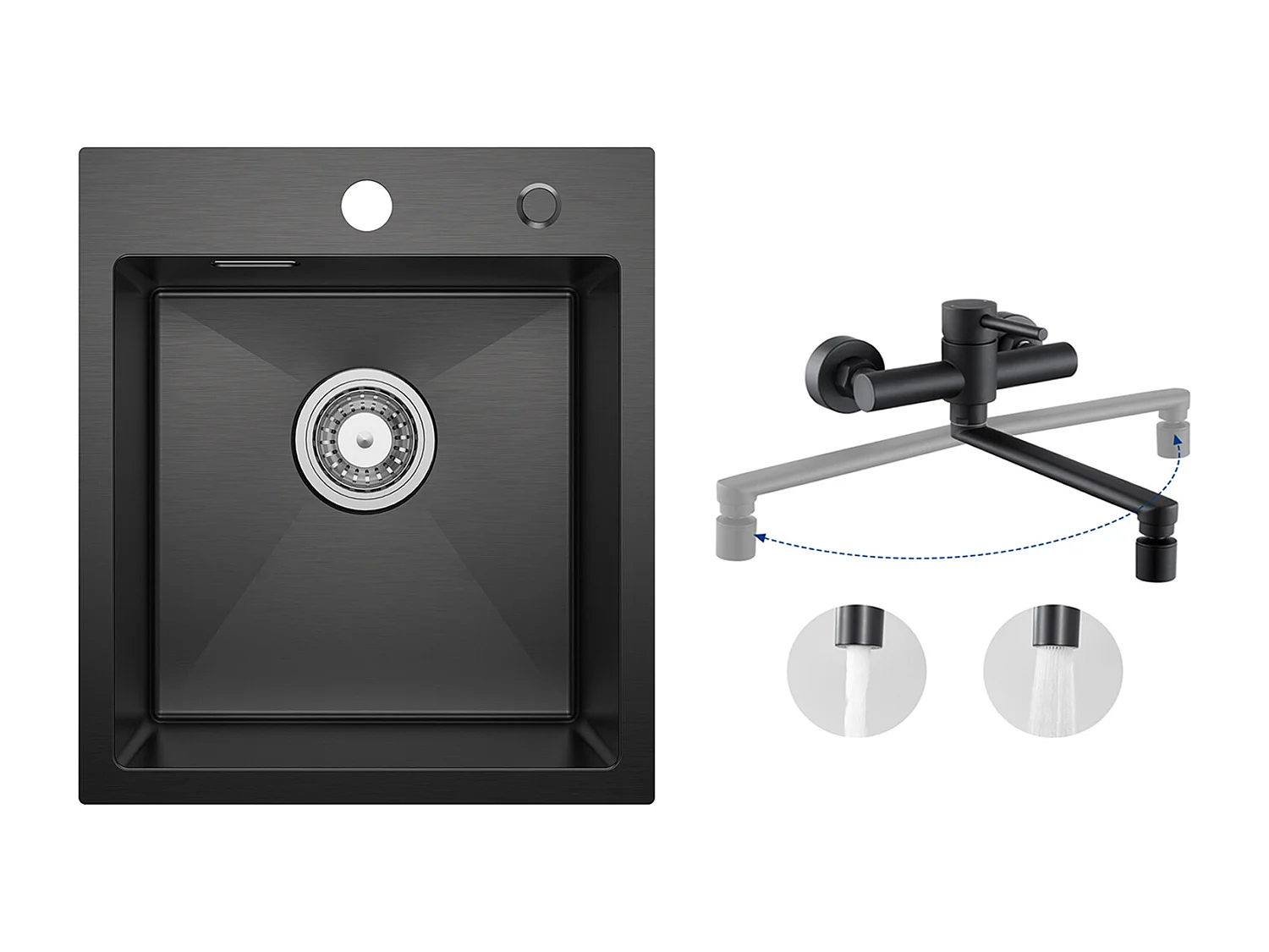 Evier Cuisine 1 Bac Noir Anthracite 40*45*19CM - Évier Inox Évier de Cuisine + Mitigeur de Cuisine Mural avec 2 Jets Noir