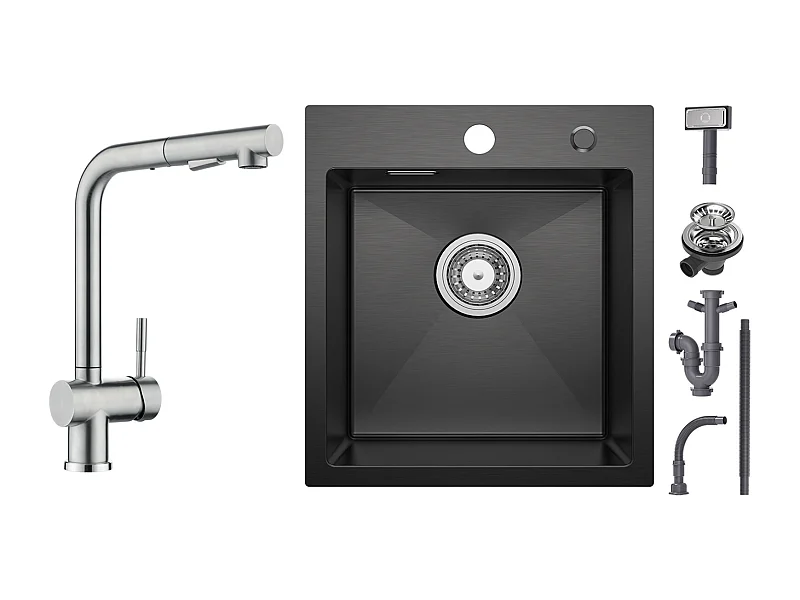 Cecipa max Evier 1 Bac Noir 40*45*19CM - Évier Inox 1 Cuve + Robinet Cuisine Brossé avec Douchette Mitigeur Douchette d'évier Extractible à 2 Jets