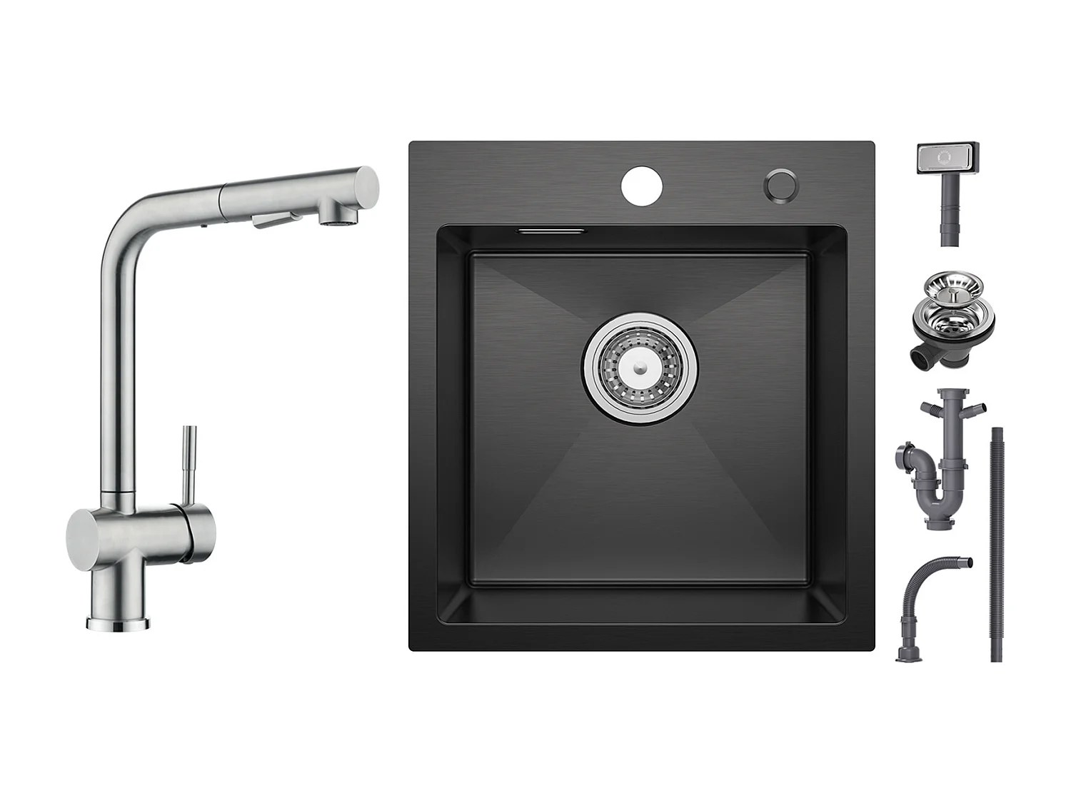 Cecipa max Evier 1 Bac Noir 40*45*19CM - Évier Inox 1 Cuve + Robinet Cuisine Brossé avec Douchette Mitigeur Douchette d'évier Extractible à 2 Jets