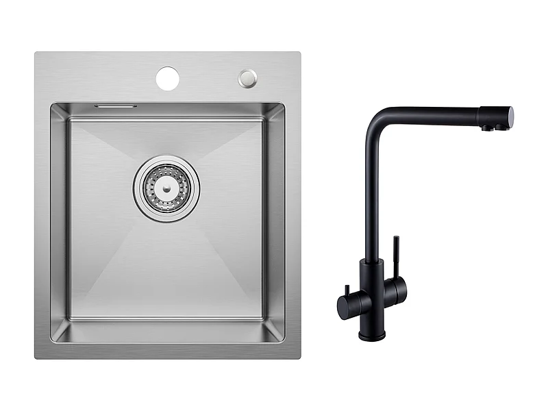 Cecipa MAX Évier Cuisine 1 Bac 40 × 45 cm Évier Inox Brossé + Mitigeur Evier à 3 Voies, 2 Leviers, Noir