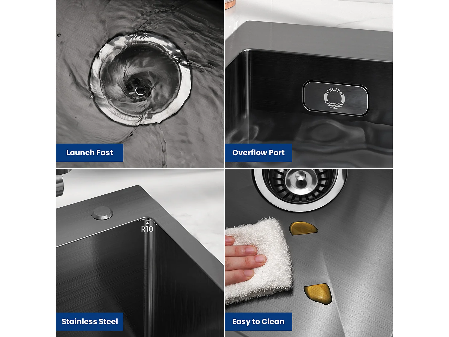 Evier Cuisine 1 Bac Noir Anthracite 40*45*19CM - Évier Inox Évier de Cuisine + Robinet de Cuisine à eau Froide,Noir