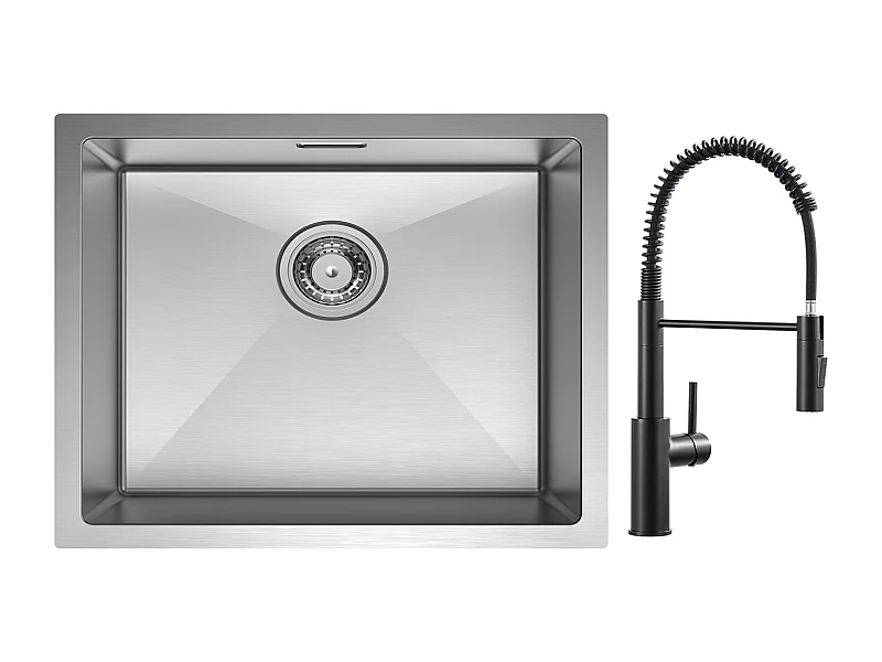 Cecipa max Évier 1 Bac 50*44cm Évier de Cuisine en Inox Évier Encastré Brossé + Mitigeur de Cuisine à Ressort Noir avec Douchette Extractible