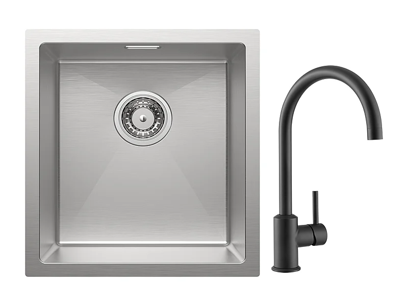 Cecipa MAX Évier de Cuisine 1 Bac 40x44x19 cm Évier Inox Brossé + Mitigeur de Cuisine en Inox Noir