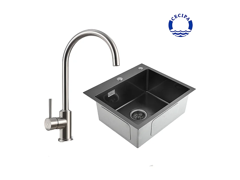 Lavello Cecipa max 2 in 1 1 vasca Nero grigio 50*45*18,5cm + Miscelatore cucina monocomando, rotazione 360° Cromo