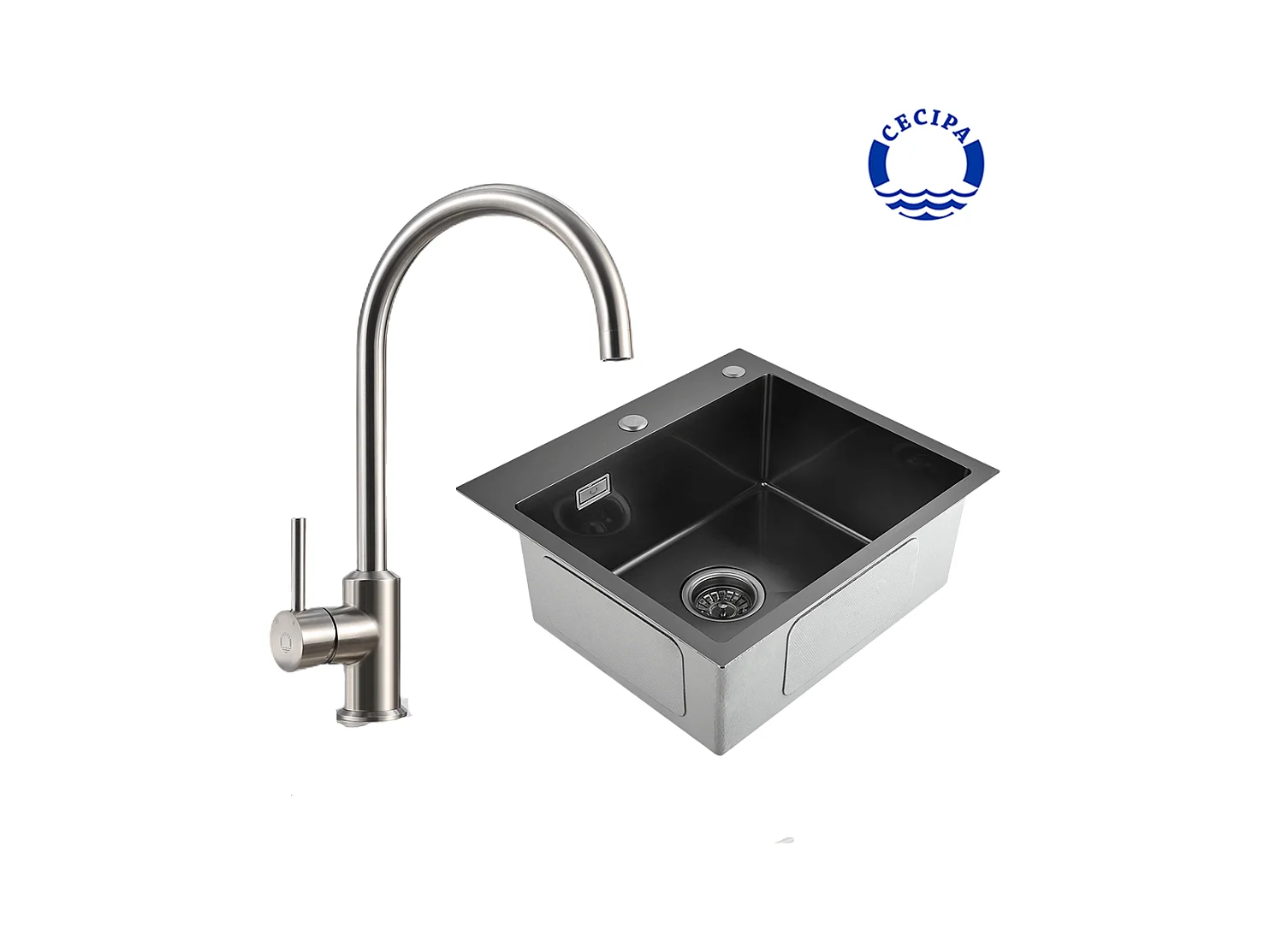 Cecipa max 2 in 1 1 spoelbak Zwart grijs 50*45*18,5cm + Eéngreepskeukenmengkraan, 360° draaibaar Chroom