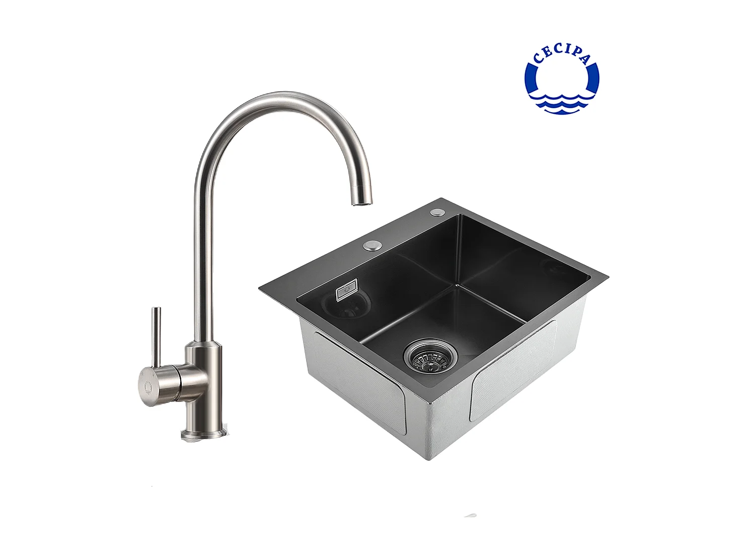 Cecipa max 2 en 1 Evier 1 bac Noir gris 50*45*18.5cm + Mitigeur de Cuisine Monocommande, Rotatif à 360° Chrome