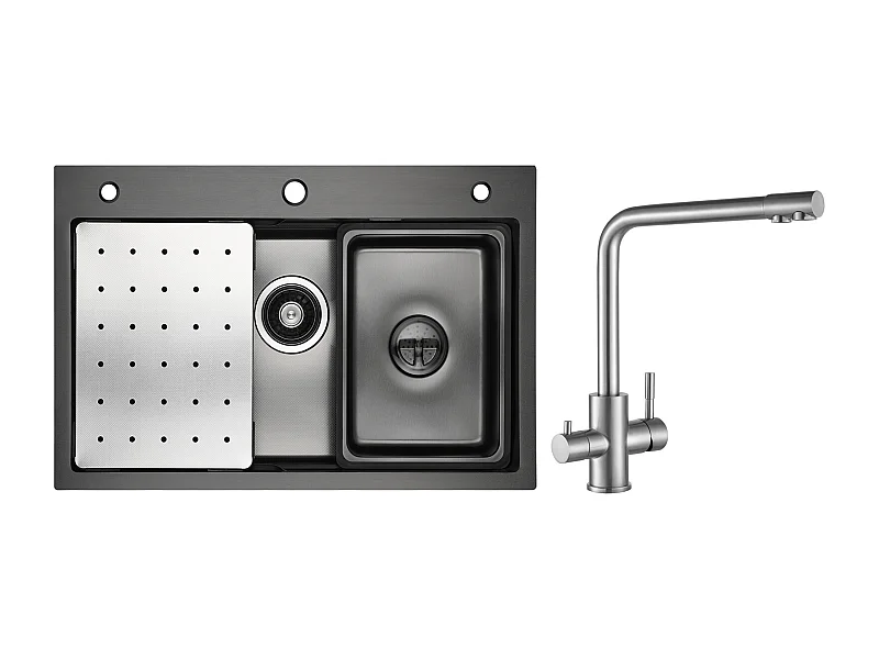 Küchenspüle 1 Becken 70×45×21,5 cm + Abtropffläche + Becken + Seifenspender + Küchenmixer für Osmoseanlage