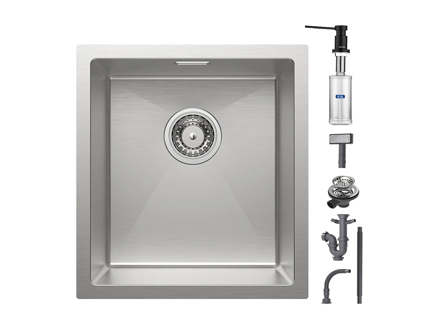 Cecipa max Évier de Cuisine 1 Bac 40x44x19 cm - Évier Inox Évier Encastré Brossé + Distributeur de Savon de Cuisine Noir