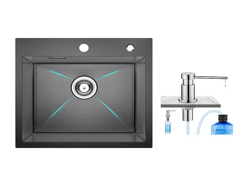 Cecipa MAX Évier Cuisine 1 Bac 50×45×18.5CM Évier Inox Évier à Encastrer Noir + 300ML Distributeur de Savon de Cuisine Chromé