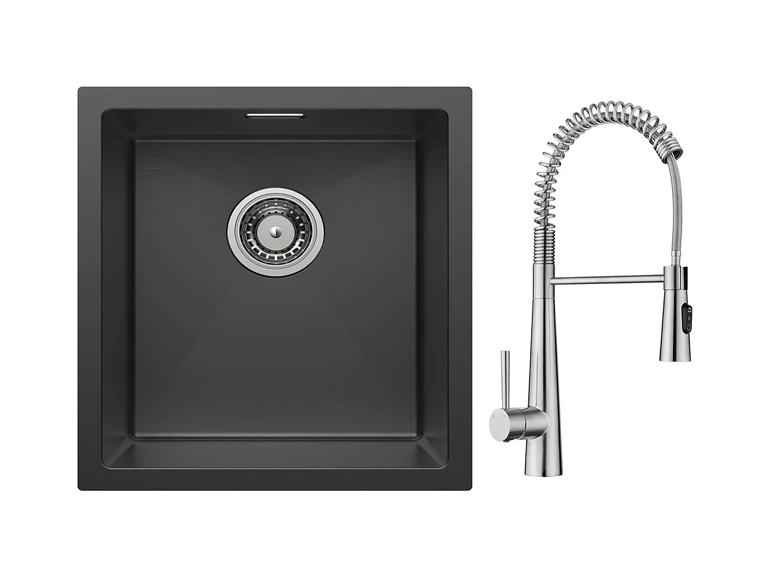 Cecipa max 1 wastafel zwart roestvrijstalen onderbouwspoelbak 40*44cm + lente keukenmengkraan met 3 waterafvoermodi, geborsteld