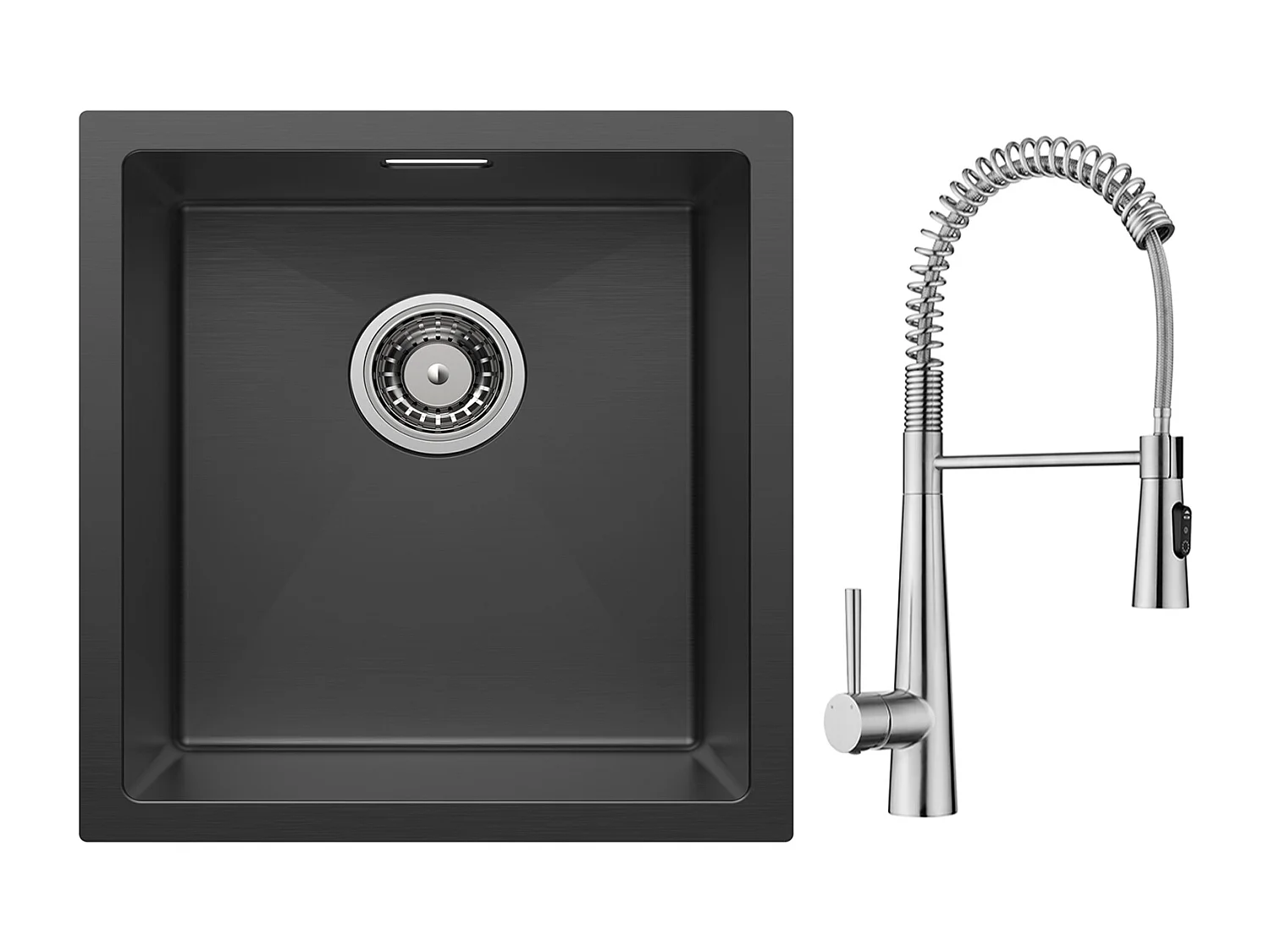 Cecipa max Évier 1 Bac en Acier Inoxydable Noir Évier Encastré 40*44cm + Mitigeur de Cuisine à Ressort avec 3 Modes de Sortie D'eau, Brossé