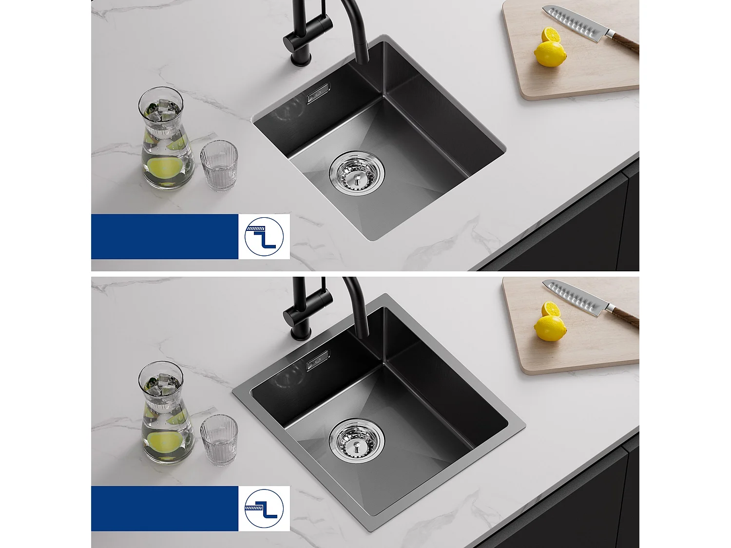 Cecipa max Évier 1 Bac en Acier Inoxydable Noir Évier Encastré 40*44cm + Mitigeur de Cuisine à Ressort avec 3 Modes de Sortie D'eau, Brossé