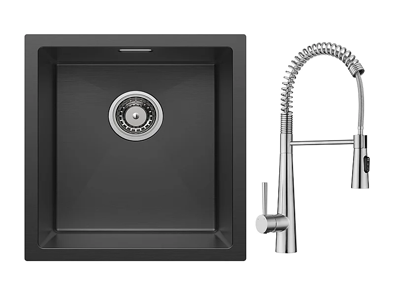 Cecipa max Évier 1 Bac en Acier Inoxydable Noir Évier Encastré 40*44cm + Mitigeur de Cuisine à Ressort avec 3 Modes de Sortie D'eau, Brossé