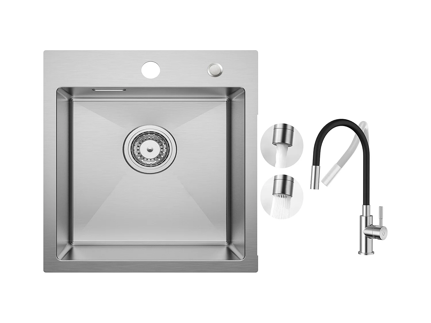 Spoelbak 1 bak 40 × 45 cm RVS spoelbak geborsteld inbouwspoelbak + flexibele keukenmengkraan, 2 soorten straalsoorten geborsteld uittrekbare kraan