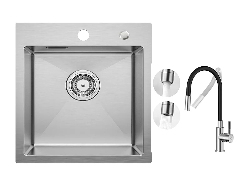 Lavello Cucina 1 Vasca 40×45 cm Lavello Acciaio Inox Spazzolato Lavello Incasso + Miscelatore Cucina Flessibile, 2 Tipi di Getti Rubinetto Estraibile Spazzolato