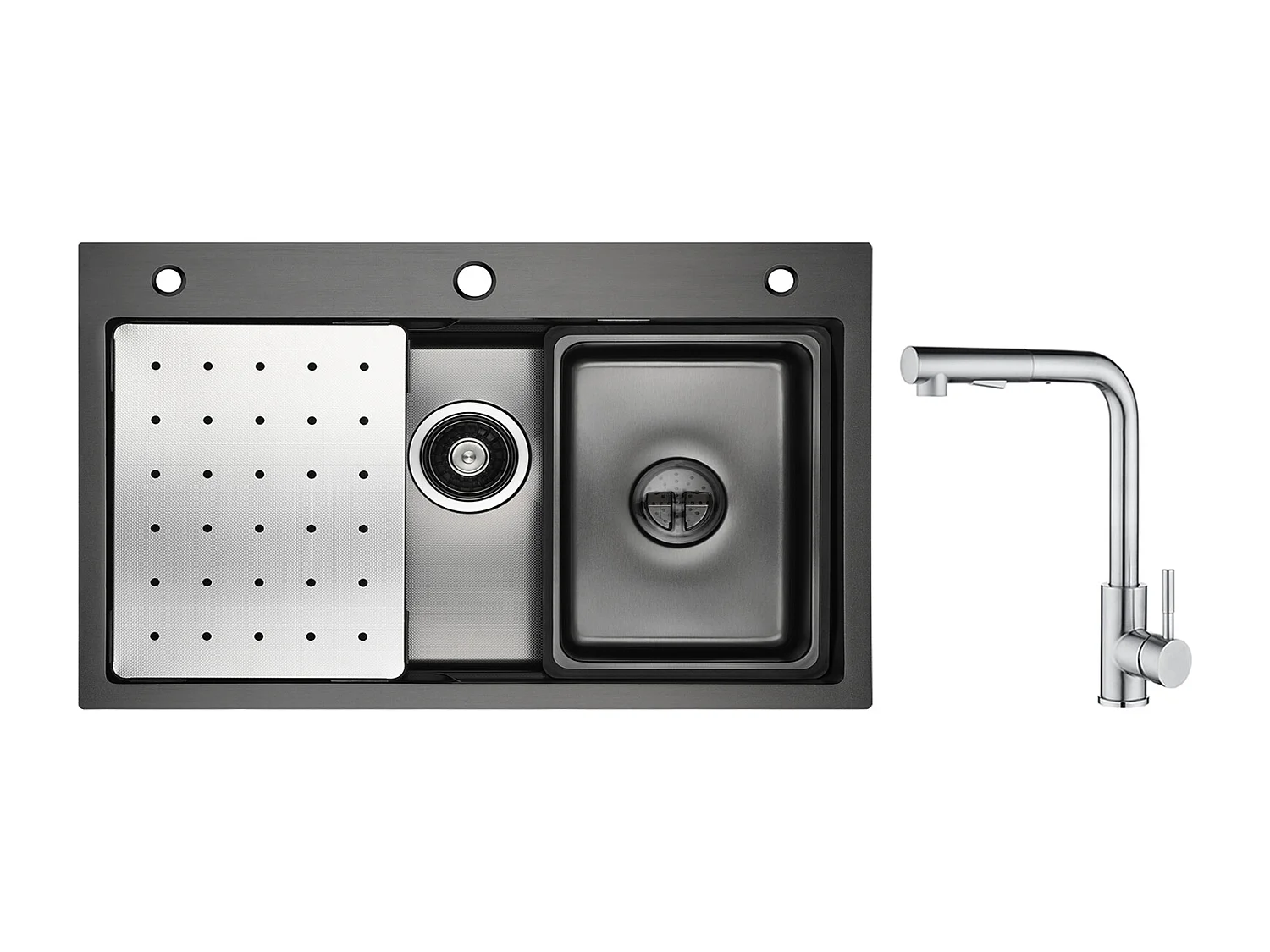 Lavello Cecipa max 1 vasca 70×45 CM Nero con Gocciolatoio, Vasca e Dosatore Sapone + Miscelatore Spazzolato con Doccia Estraibile - 2 Getti a Scelta