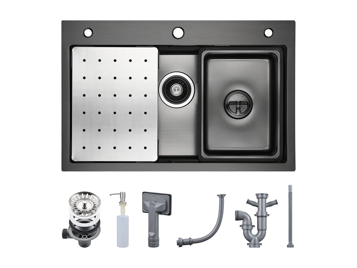 Lavello Cecipa max 1 vasca 70×45 CM Nero con Gocciolatoio, Vasca e Dosatore Sapone + Miscelatore Spazzolato con Doccia Estraibile - 2 Getti a Scelta