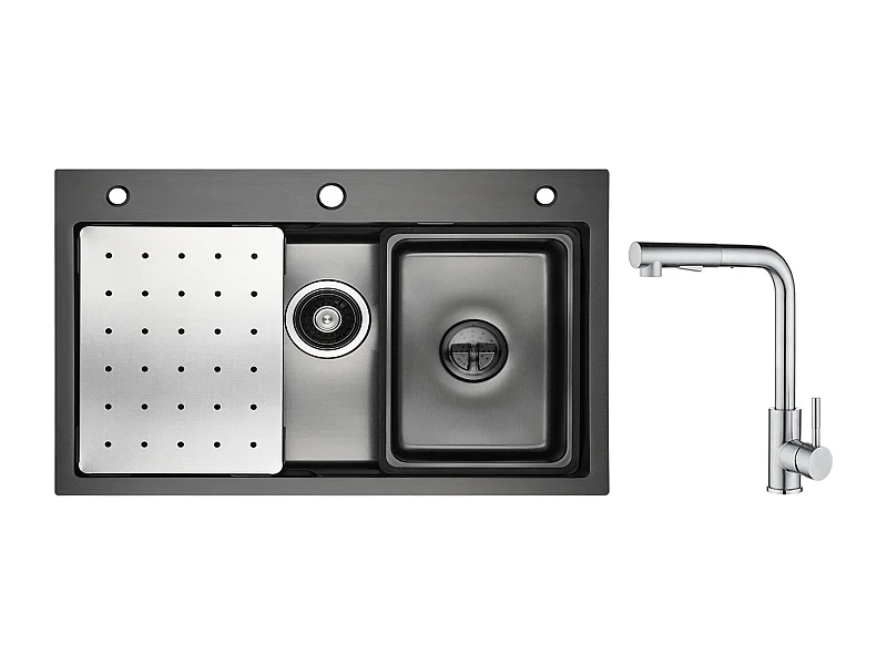 Cecipa max Einzelspüle 70×45 cm Schwarz mit Abtropffläche, Becken und Seifenspender + gebürsteter Mischbatterie mit ausziehbarer Brause - 2 Düsen zur Auswahl