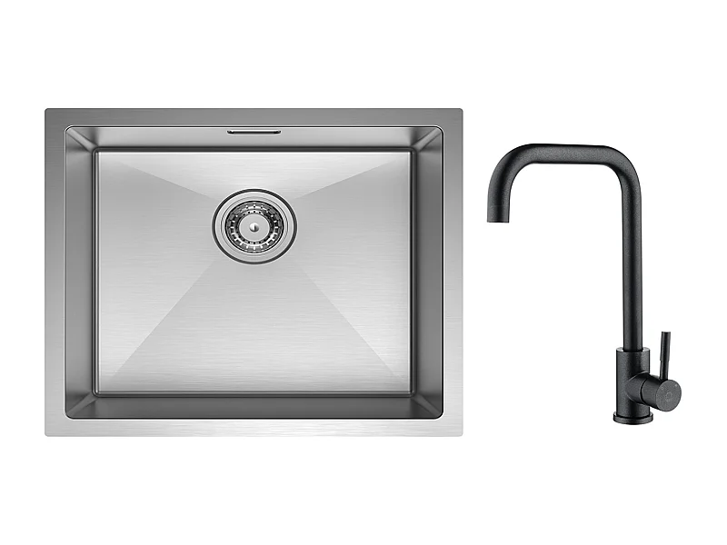 CECIPA MAX Évier de Cuisine 1 Bac Brossé Évier Inox 50*44CM + Mitigeur de Cuisine en Inox Noir étoilé avec Bec Haut et Incurvé