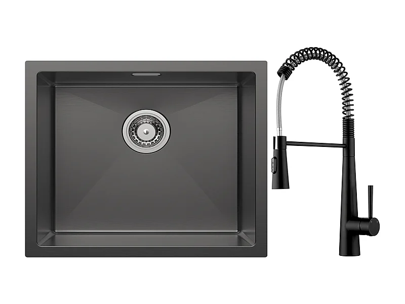 Cecipa Lavello da Cucina Max 1 Lavabo 50*44 cm Nero Antracite in Acciaio Inossidabile + Miscelatore da Cucina a Molla con 3 Modalità di Uscita dell'Acqua, Nero