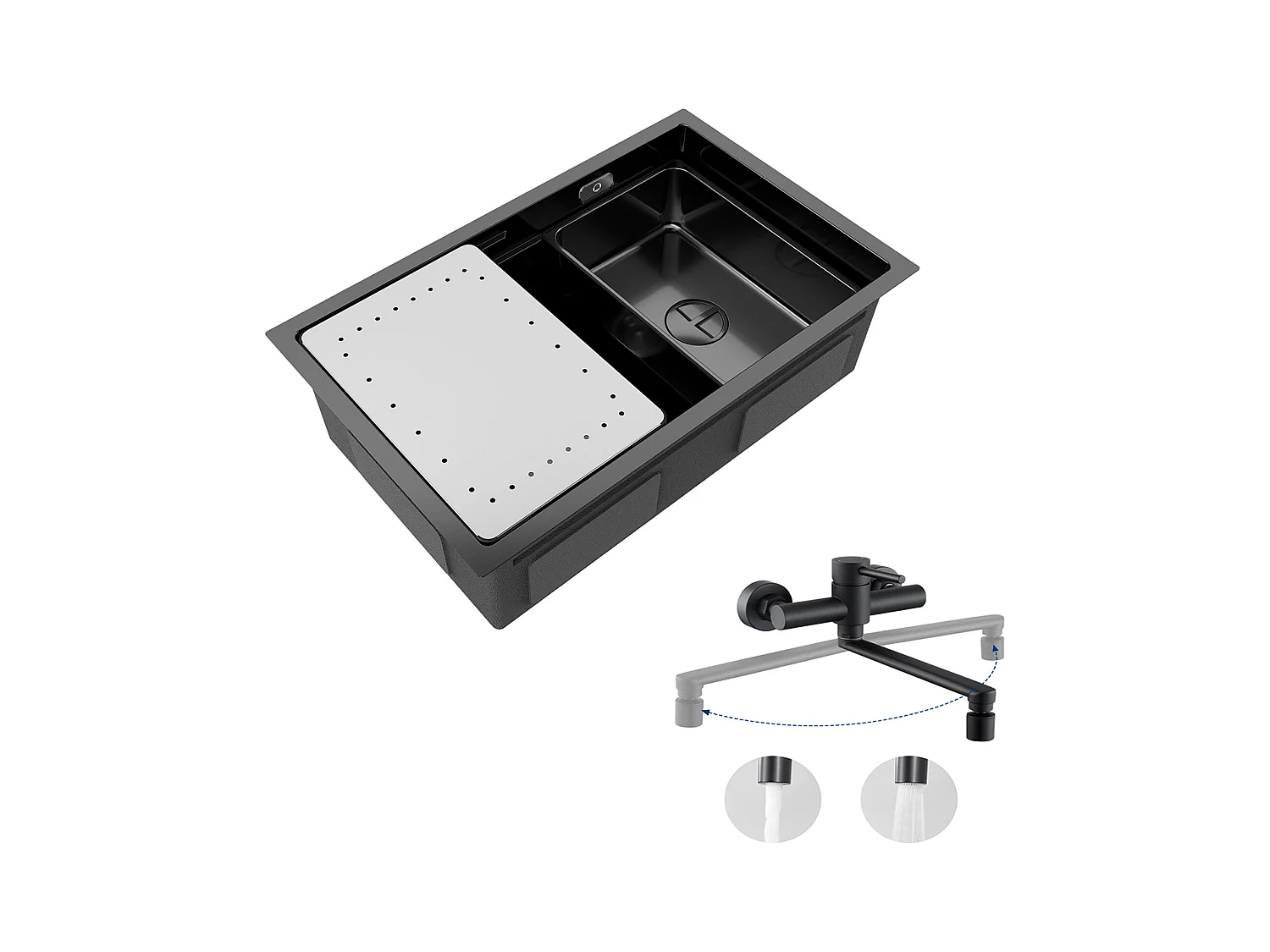 Lavello da cucina 1 vasca 70×44×21 cm Lavello in acciaio inox nero con gocciolatoio e vasca + Miscelatore da cucina a parete con 2 getti Nero