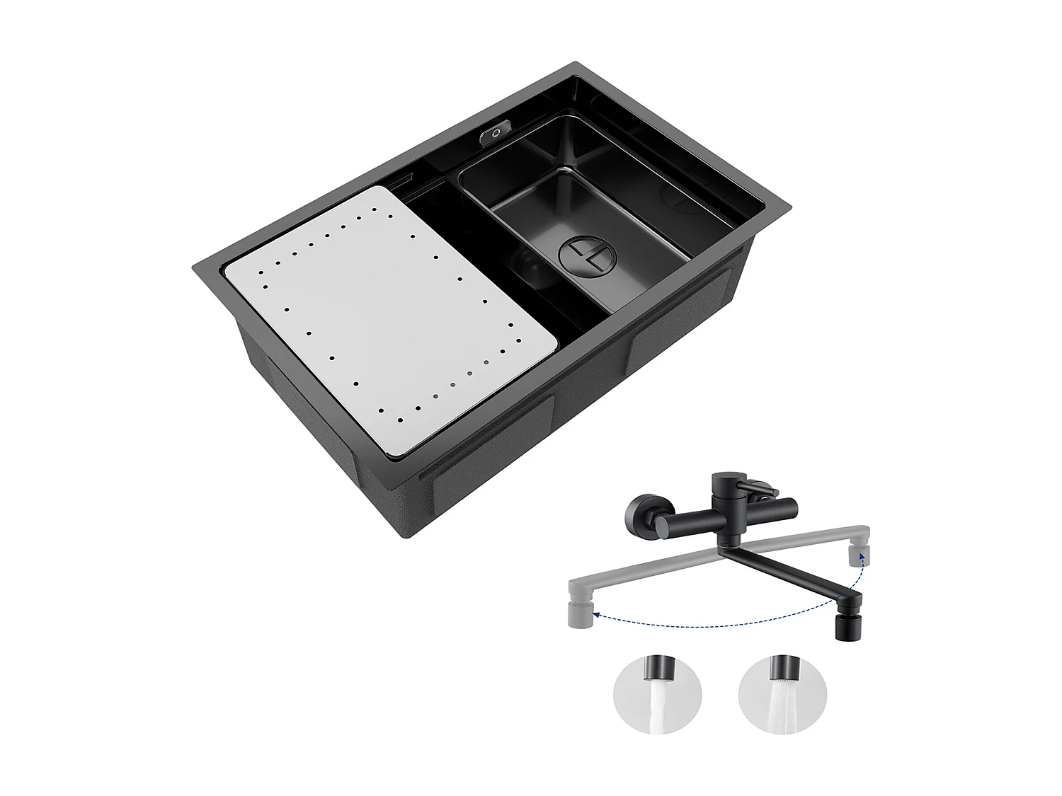 Évier Cuisine 1 Bac 70×44×21CM Évier Inox Noir avec Egouttoir et Vasque + Mitigeur de Cuisine Mural avec 2 Jets Noir