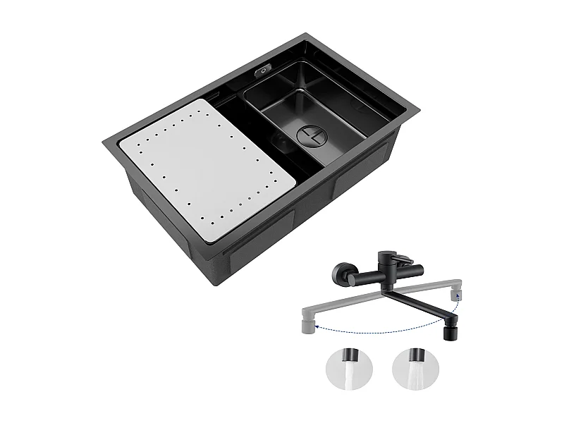 Évier Cuisine 1 Bac 70×44×21CM Évier Inox Noir avec Egouttoir et Vasque + Mitigeur de Cuisine Mural avec 2 Jets Noir