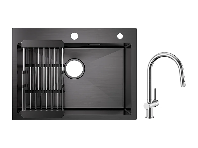 Cecipa max Évier 1 Bac Inox avec Panier de Drainage - Évier de Cuisine Noir 60×45×18 cm + Mitigeur de Cuisine avec Douchette Extractible Brossé