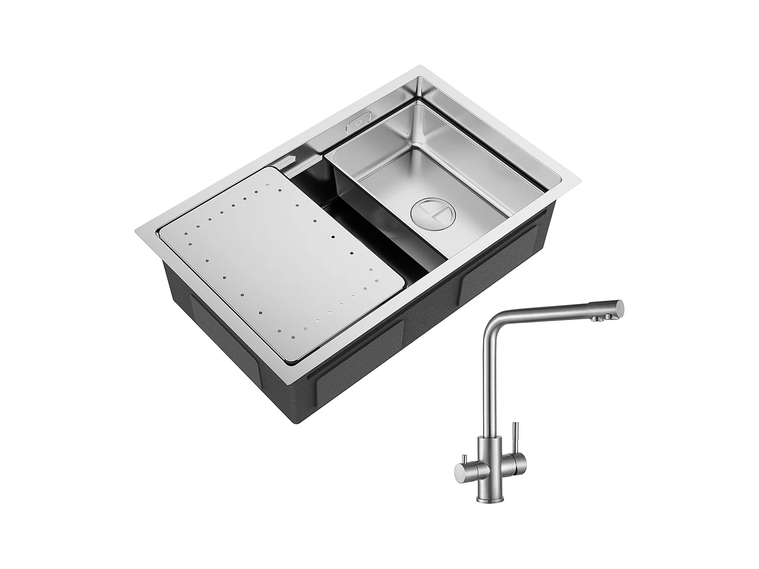 Évier Cuisine 1 Bac 70×44×21CM Évier Inox Brossé avec Egouttoir et Vasque + Mitigeur Cuisine pour Sstème D'osmose