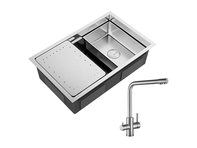Fregadero de Cocina 1 Seno 70×44×21CM Fregadero de Acero Inoxidable Cepillado con Escurridor y Lavabo + Mezclador de Cocina para Sistema de Ósmosis