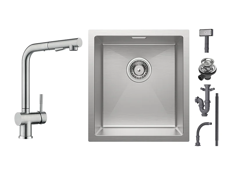 Cecipa max Évier de Cuisine 1 Bac 40x44cm - Évier Inox Encastré Brossé +Robinet Cuisine Brossé avec Douchette Mitigeur Douchette Extractible à 2 Jets