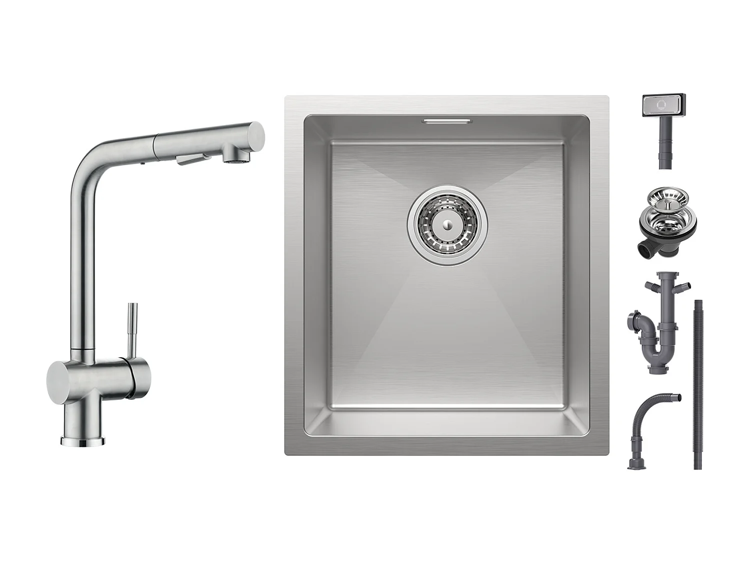 Cecipa max Keukenspoelbak 1 Kom 40x44cm - Spoelbak van Geborsteld RVS + Geborstelde Keukenkraan met Sproeier Mengkraan Uittrekbare Sproeier met 2 Jets