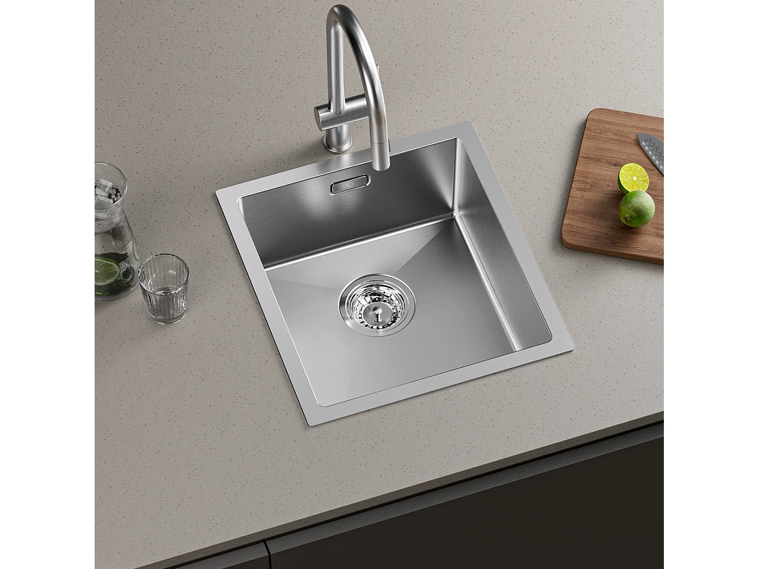 Cecipa max Fregadero de Cocina 1 Seno 40x44cm - Fregadero de Acero Inoxidable Cepillado + Grifo de Cocina Cepillado con Pulverizador Mezclador Extraíble de 2 Jets