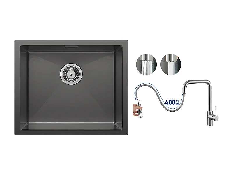 CECIPA MAX Lavello da Cucina 1 Vasca Lavello in Acciaio Inox 50*44CM Nero Antracite + Miscelatore con Doccetta Estraibile, Spazzolato